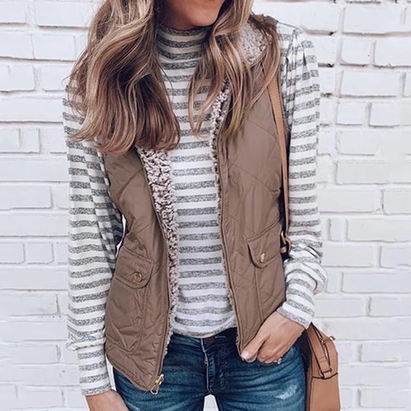 Brown Sherpa Reversible Quilted Zip Up Puffer Vest - Picture 2 of 6